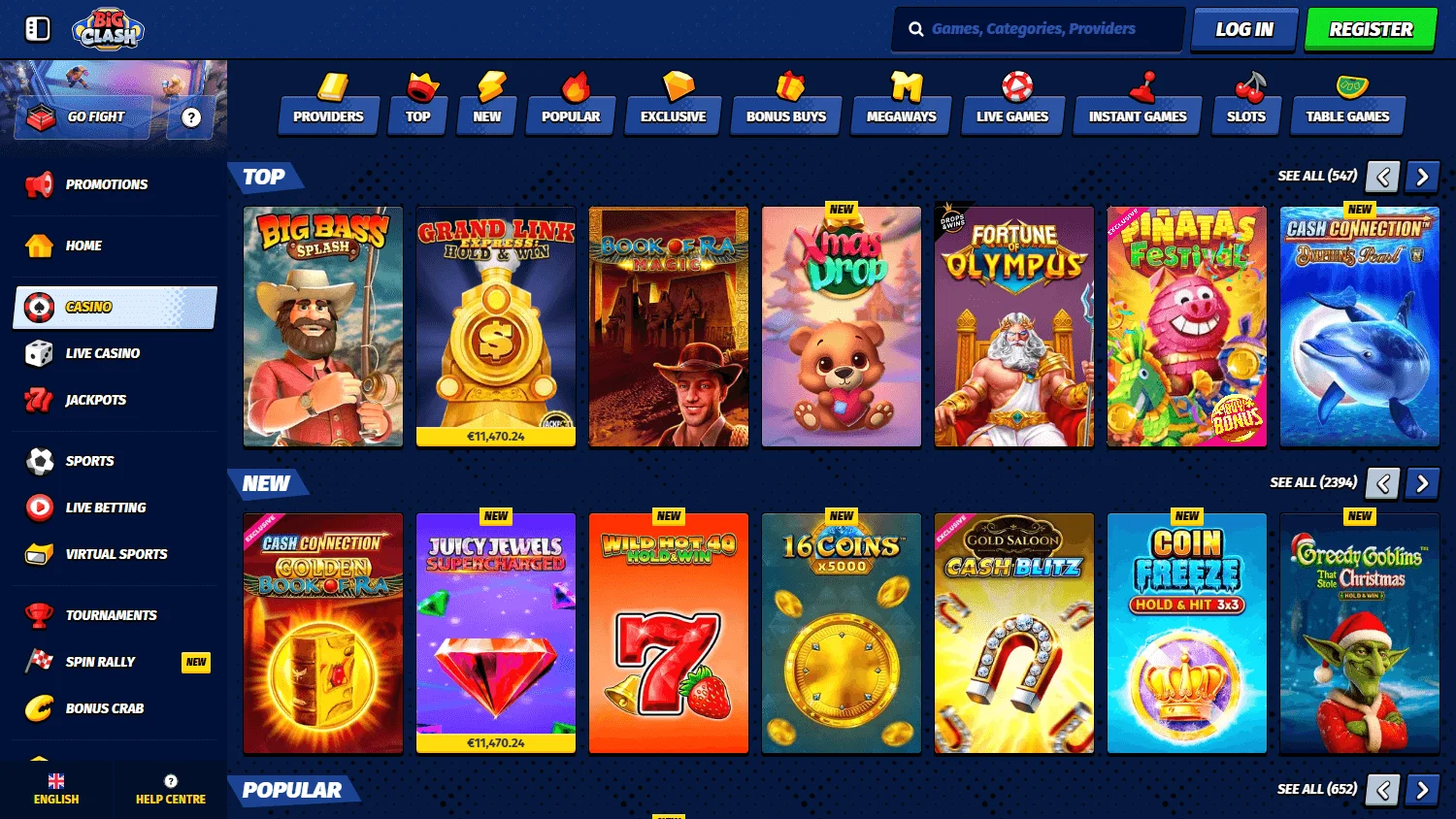 Bigclash Casino games interface on desktop
