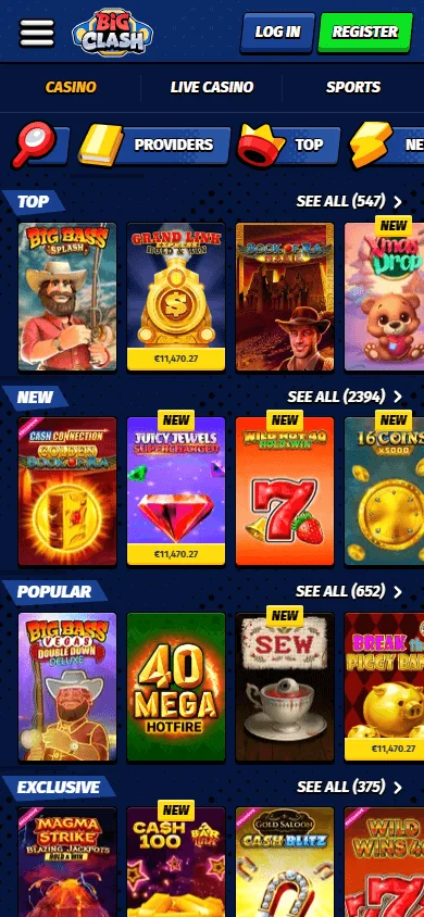 Bigclash Casino games interface on a mobile phone