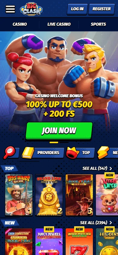 Bigclash Casino home interface on a mobile phone