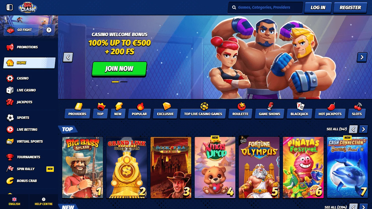 Bigclash Casino home interface on desktop