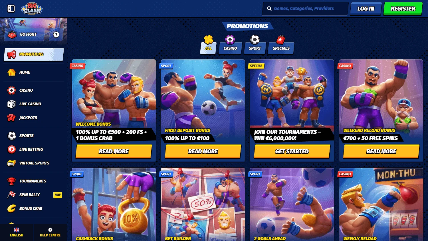 Bigclash Casino promotions interface on desktop